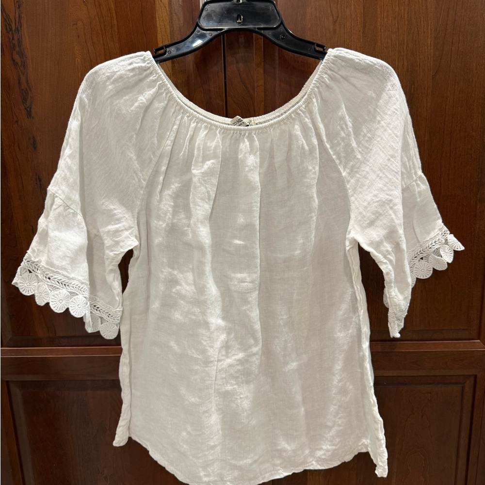 Terzo Millenio White Lace Trim Linen Women's Top
